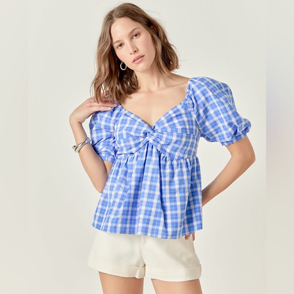 English Factory Women's Blue Gingham Twisted Puff Sleeve Sweetheart Top in Small